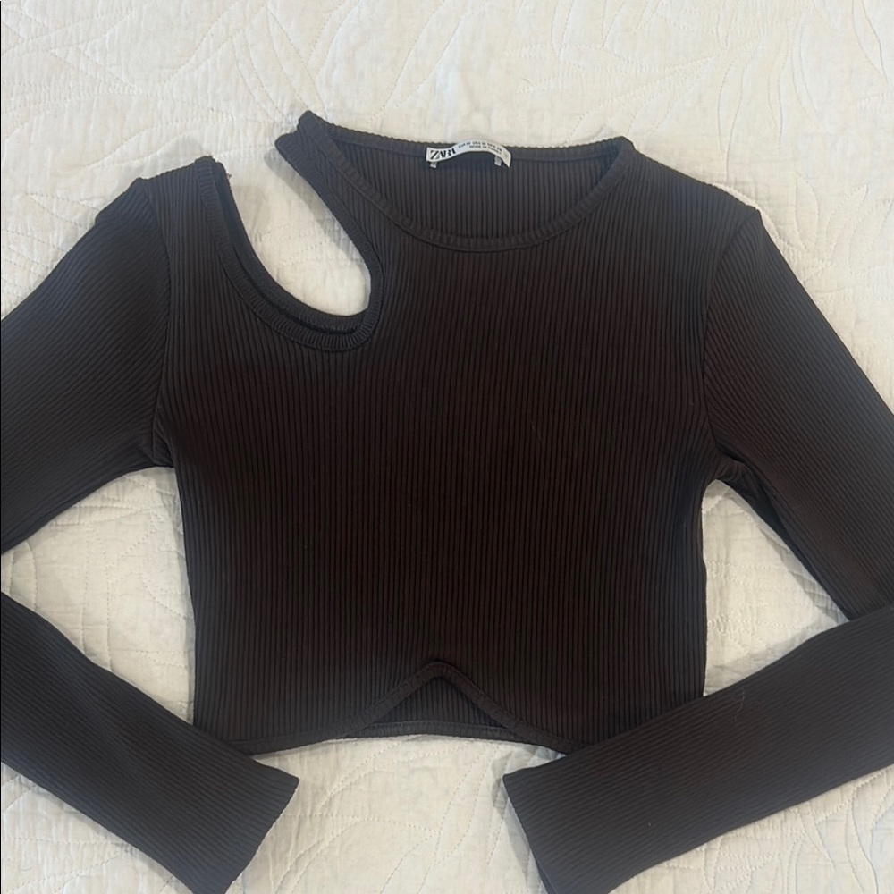 Zara Brown Ribbed Crop Top with Cutout